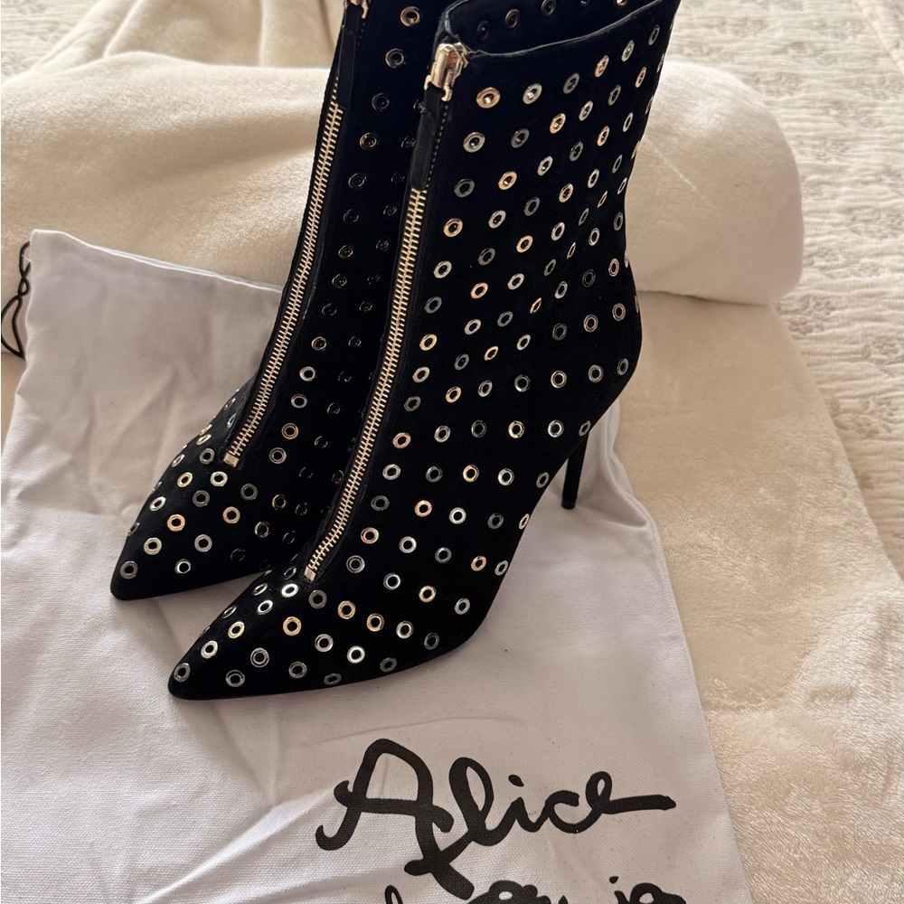 Alice + Olivia Black Eyelet Heeled Boots